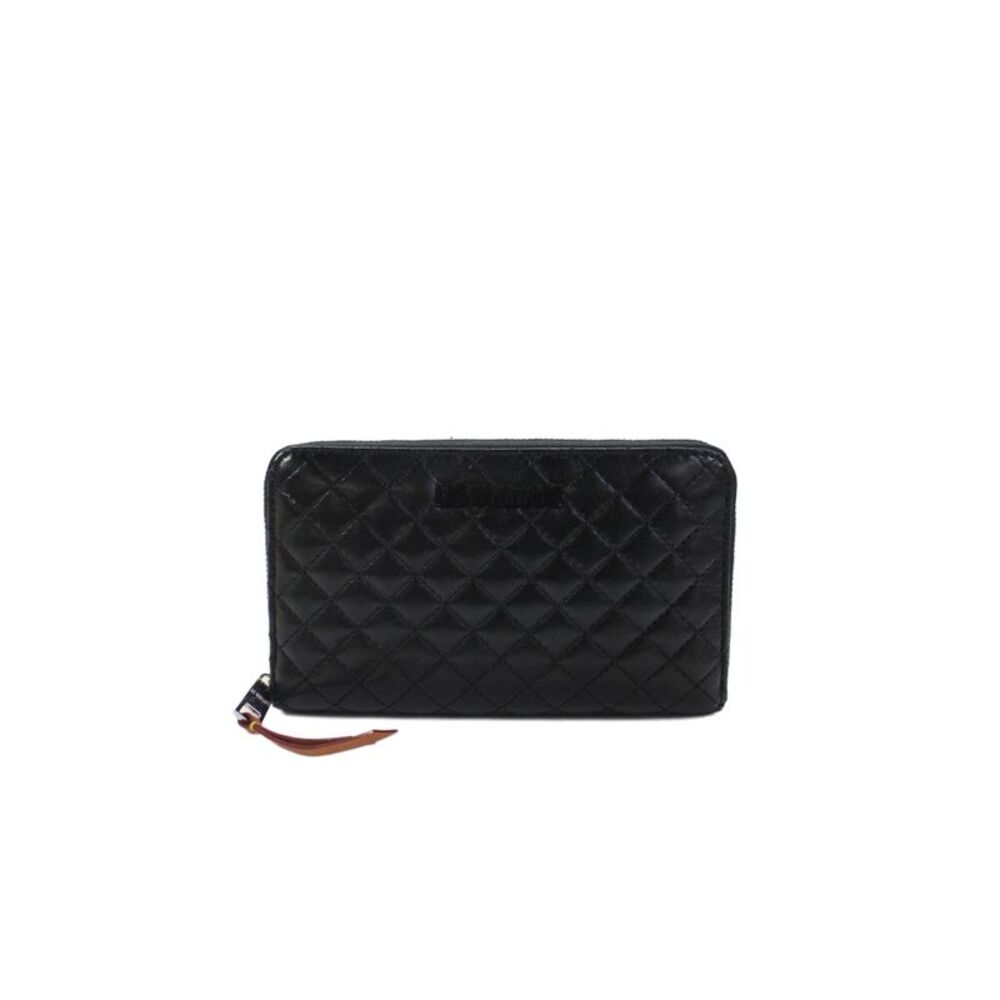 MZ Wallace Womens Leather Quilted Texture Zip Around Wallet Black